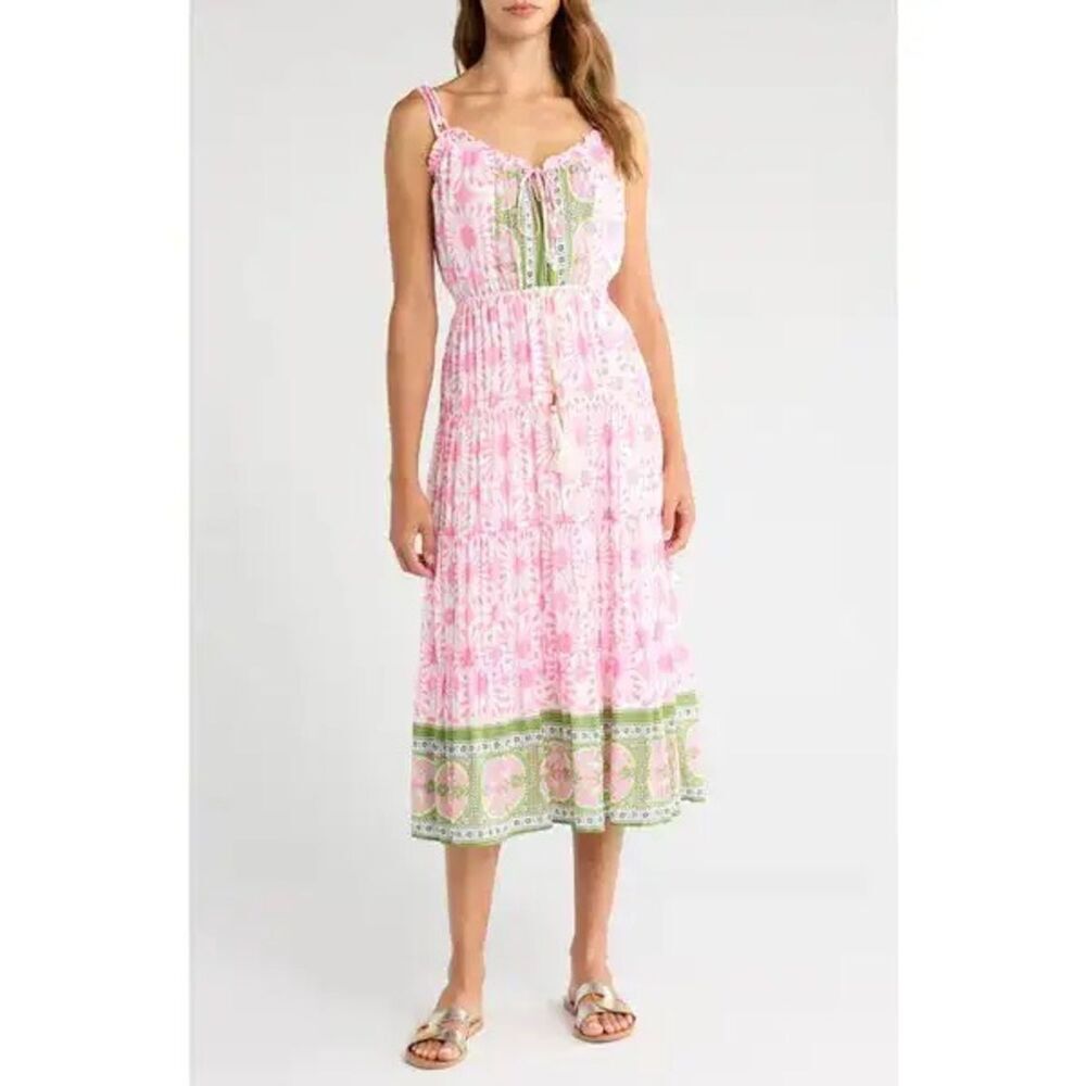 Alicia Bell Pink Floral Tie-Front Midi Dress with Green Border size large